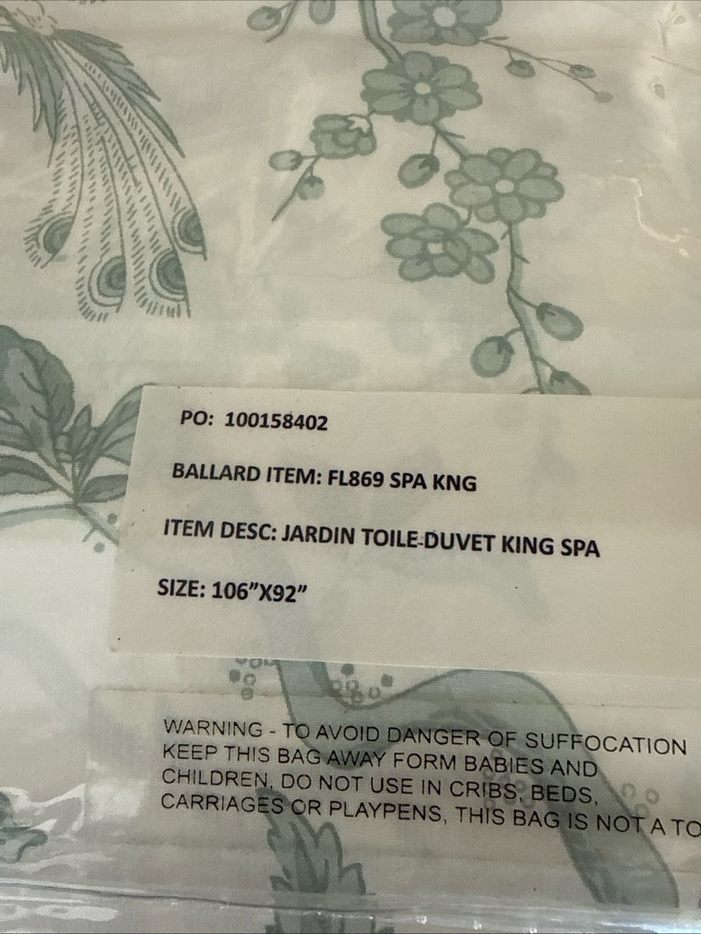 Ballard Designs Jardin Toile Duvet Cover in Pale Green, NEW, king - Picture 3 of 4